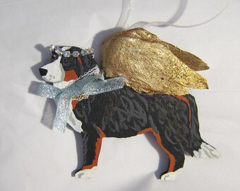 Hand-Painted BERNESE MOUNTAIN DOG Feathered Wing Angel Wood Ornament...Artist Original