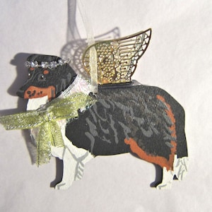 Hand-Painted SHELTIE SHETLAND SHEEPDOG Tri-color Metal Wing Angel Wood Ornament....Artist Original