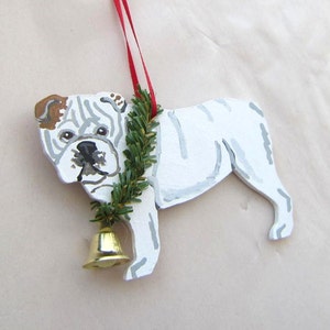 Hand-Painted ENGLISH BULLDOG WHITE Wood Christmas Tree Ornament Artist Original...Nicely Painted image 2