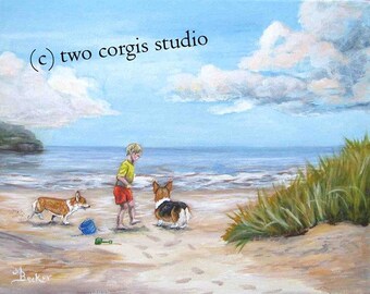 Corgi Print Sale..."Seaside Play" Welsh Corgi Matted Print from Original Painting...choose size