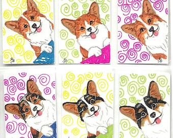 Original Art Welsh CORGI Faces Mini Pen & Ink Drawing 2 1/2" x 3 1/2" Overall size 3 1/2" x 5" w/paper frame card....Choose design
