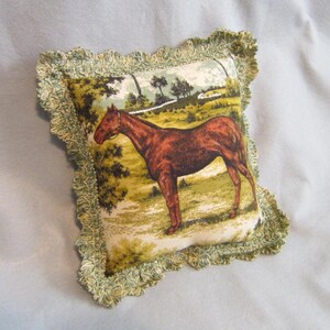 Markdown Sale...Elegant CHESTNUT HORSE in Field Pillow w/Green Scallop Fringe Trim...Quality Upholstery Fabric image 3