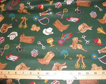 Vintage "Winners Circle" Equestrian Horse Riding Equipment on Green Cotton Fabric V.I.P. Cranston Printwork 1 yard+ length