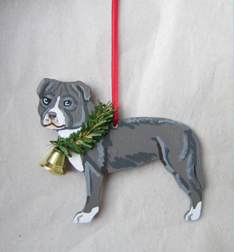 Hand-Painted PITBULL TERRIER Blue/White Wood Christmas Tree Ornament Artist Original...choose style dog with bell