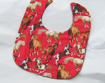 Baby Sale...HORSE BREEDS on Red Baby Bib Cotton Front/Terry Fabric Back Hook & Loop Closure Handmade...Price reduced