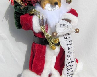 Medium COLLIE Dog Santa w/sack and List Holiday Figurine 11" tall Fabric Suit