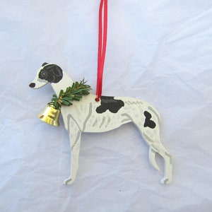 Hand-Painted GREYHOUND White w/Black Wood Christmas Tree Ornament Artist Original...Nicely Painted