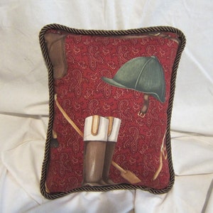 Handmade ENGLISH EQUESTRIAN English RIding Boots & Helmet Upholstery Pillow w/Twisted Piping trim