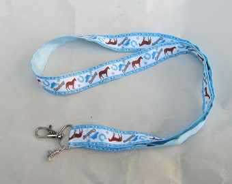 Handmade COWBOY Western Horse Grosgrain & Satin Ribbon Lanyard/Keychain/Badge Holder w/Metal Charm