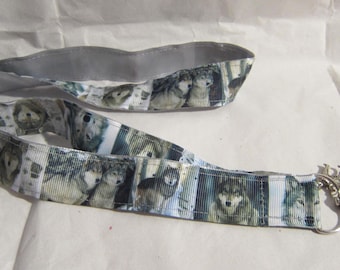 Handmade WOLF FACES Wildlife Forest Animal Grosgrain Ribbon Lanyard/Keychain/Badge Holder w/Metal Charm