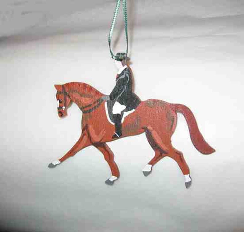 Hand-Painted DRESSAGE HORSE/RIDER Wood Christmas Ornament.....Choose Bay or Chestnut Color Horse Bild 2