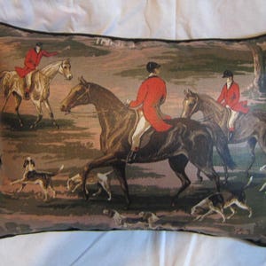 Handmade ENGLISH FOXHUNT Large Horse Pillow w/Cotton Piping Quality Upholstery Brown Tones Fabric