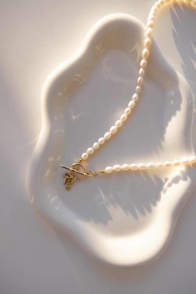 Handmade Freshwater Pearl Initial Pendant Necklace with Gold or Silver plated Toggle Clasp, Customizable Gold Letter Charms.