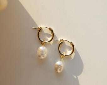 Gold Hoop Earrings with Freshwater Pearl Charm Set