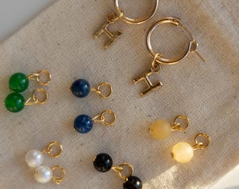 Gold Hoop Earrings with Interchangeable Charms: Pearl, Opal, Lapis Lazuli