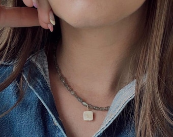 Genuine Labradorite Irregular Gemstones 4-5mm with Flat Square Freshwater Pearl Pendant. Baroque Unique Shaped Pearl Necklace.