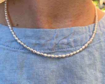 Tiny 2mm Dainty Baroque Style Thin Rice Shaped Natural A Quality Freshwater Pearl Beaded Layering Necklace, 18k Gold Plated Findings