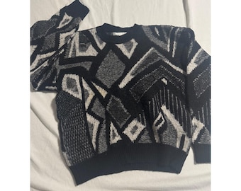 Vintage Damon heren XL trui met abstracte geometrische vormen en ronde hals van pure wol, zwart-wit.