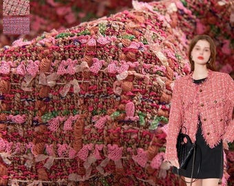 luxury pink high end tweed, deep blue woven with shimmering lurex thread fabric DIY, making suit, sold by half meter