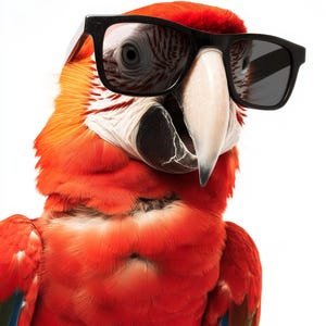 Peut inclure: Un ara rouge et bleu portant des lunettes de soleil noires. L'ara regarde directement la caméra.