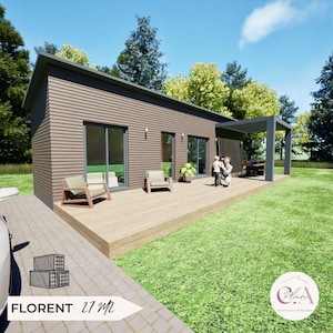 Plattegrond van containerhuis / Containerhuis / Zelfbouwplattegrond met 2 slaapkamers / 2D- en 3D-plattegrond van Frans containerhuis
