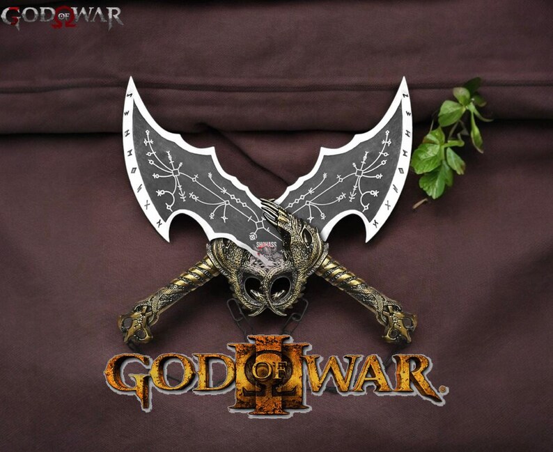 May include: A pair of silver and black blades with intricate designs, crossed in the center. The blades are labeled "God of War" and "God of War III".