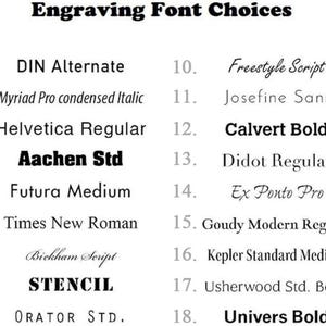 May include: A list of 18 different font choices for engraving, numbered 1 through 18. Each font is shown in a sample text, with the font name listed next to it.