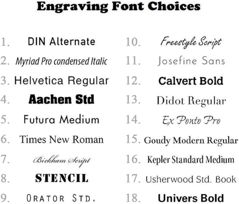 May include: A list of 18 different font choices for engraving, numbered 1 through 18. Each font is shown in a sample text, with the font name listed next to it.