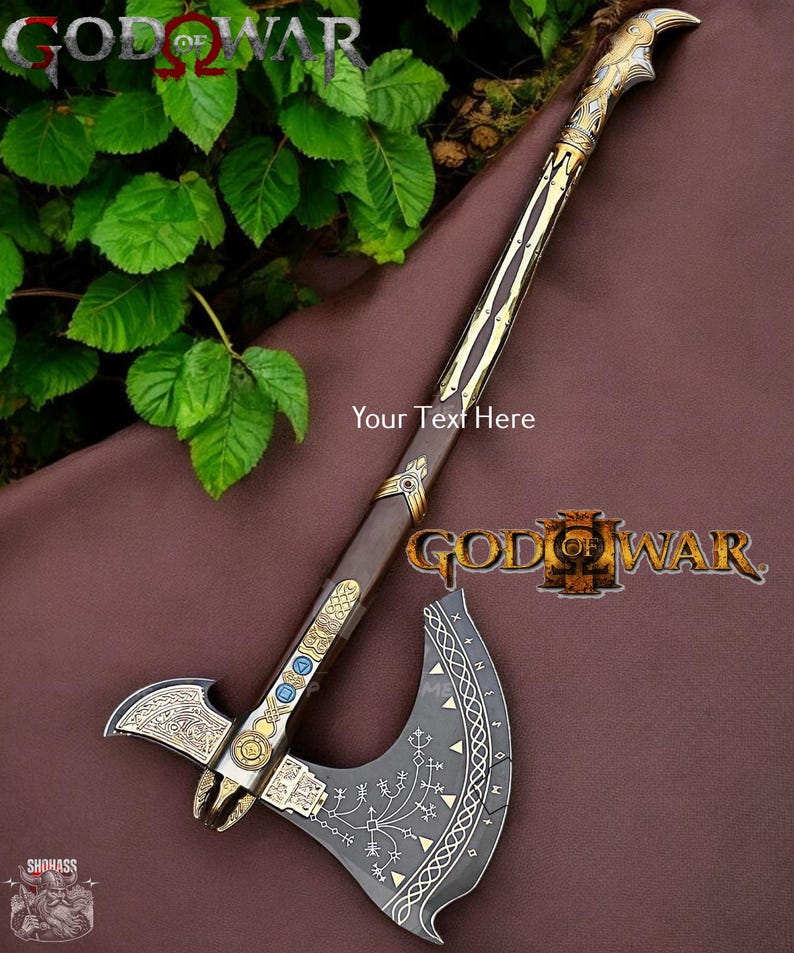 May include: A replica of the Leviathan Axe from the God of War video game. The axe has a black blade with gold accents and a brown wooden handle. The handle is decorated with intricate carvings and the axe head features the God of War logo.