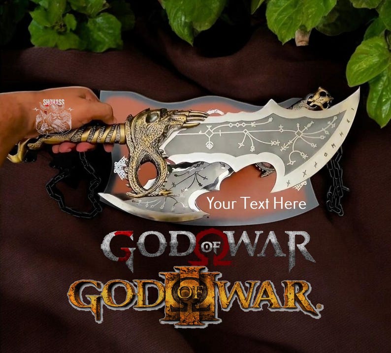 May include: A silver and gold replica of the Blades of Chaos from the God of War video game series. The blades are held by a hand and feature intricate details and the text "Your Text Here".