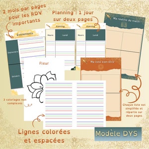 Peut inclure: Un modèle de planificateur imprimable avec des lignes colorées et le texte "2 mois par pages pour les RDV importants" et "Planning : 1 jour sur deux pages". Le modèle est conçu pour un planificateur quotidien avec des sections pour les événements, une liste de choses à faire et une liste de bien-être. Le modèle comprend également une page à colorier d'une fleur.
