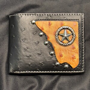 Cartera occidental para hombre, de piel de avestruz negra y marrón, con emblema de estrella, billetera plegable de dos pliegues, regalo para él
