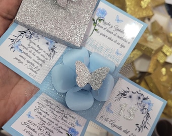 Quinceañera Invitations, Handmade Flower Box, Baby Blue, Silver Butterflies