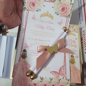 Rose gold parchment invitation with beige and gold, rose gold quinceanera invitations, scroll invitations