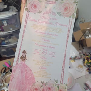 Pink scroll invitation with gold or silver