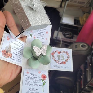 Handmade Quinceañera Box Invitation, Silver Butterflies, Sage Green Flower