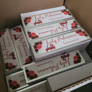 Op de afbeelding: Een kartonnen doos gevuld met rechthoekige geschenkdozen. Elke doos is wit met een zilveren rand en heeft de tekst "Lesly Palomares Quincea&ntilde;era" in rood schrift, samen met bloemen- en cartoonafbeeldingen.