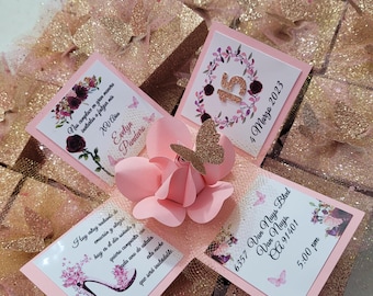 Invitaciones en caja para quinceañera, flor hecha a mano, mariposa oro rosa