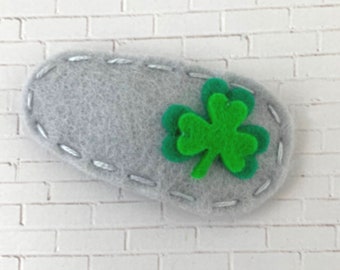 Felt Hair Clip, No Slip, Felt Hair Bows, Baby Bows, Felt Barrette, Wool Felt, Bows For Girls, Girls Gift, Shamrock, Clover, Silver, Grey