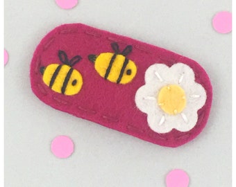 Felt Hair Clip, No Slip, Bumblebees Flower, Fuchsia, Girls Hair Clip, Toddler Hair Clip, Wool Felt Hair Clip