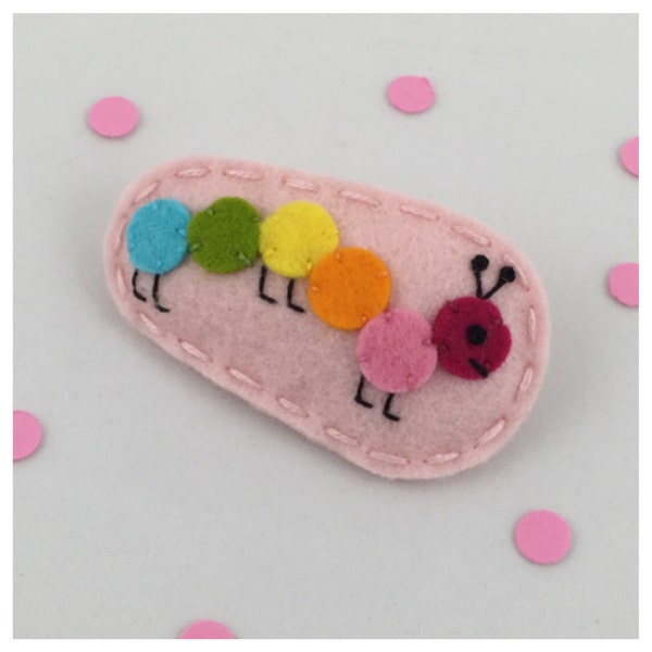 Felt Hair Clip, No Slip, Rainbow, Caterpillar, Light Pink, Girls Hair Clip, Toddler Hair Clip, Baby Hair Clip, Wool Felt Hair Clip