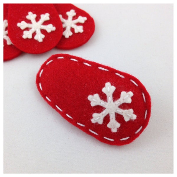 Felt Hair Clip, No Slip, Wool Felt, White Snowflake, Red, Christmas, Hair Bow, Baby Hair Bow, Gift For Girls,