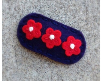 Felt Hair Clip, NO SLIP, Felt Hair Bows, Baby Bow, Flower Hair Clip, Felt Flower, Girls Hair Clip, Baby Hair Clip, Red Flowers, Navy Blue