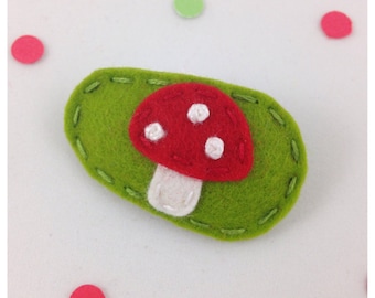 Felt Hair Clip, No Slip, Mushroom, Red, Moss, Green, Toadstool, Girls Hair Clip, Baby Hair Clip