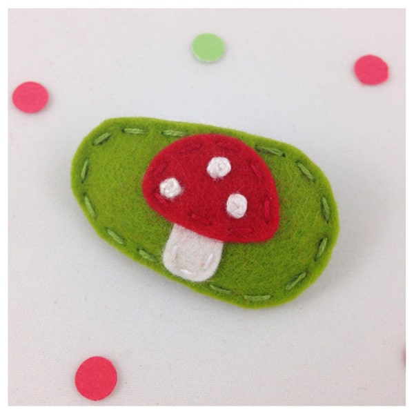 Felt Hair Clip, No Slip, Mushroom, Red, Moss, Green, Toadstool, Girls Hair Clip, Baby Hair Clip