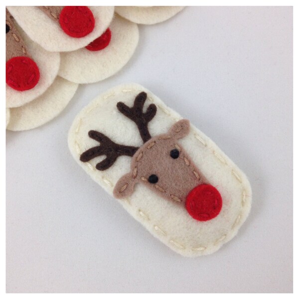 Felt Hair Clip, No Slip, Reindeer, Cream, Christmas, Wool Felt, Rudolph