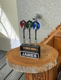 Personalised Dart Holder for 3 Darts – Custom Name & Colour – Gift for Dart Play. Birthday present present. Dart player, glass looking back.