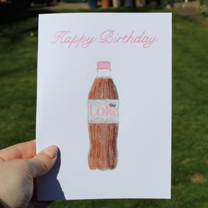 Cartão de aniversário com glitter em garrafa de Coca-Cola Diet - Cartão comemorativo feito sob encomenda com glitter
