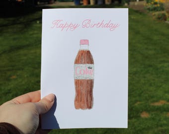 Cartão de aniversário com glitter em garrafa de Coca-Cola Diet - Cartão comemorativo feito sob encomenda com glitter