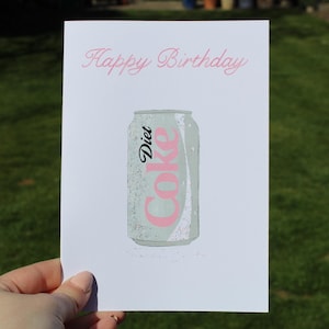 Cartão de aniversário rosa com lata de Coca-Cola Diet - Cartão de felicitações feito sob encomenda com glitter